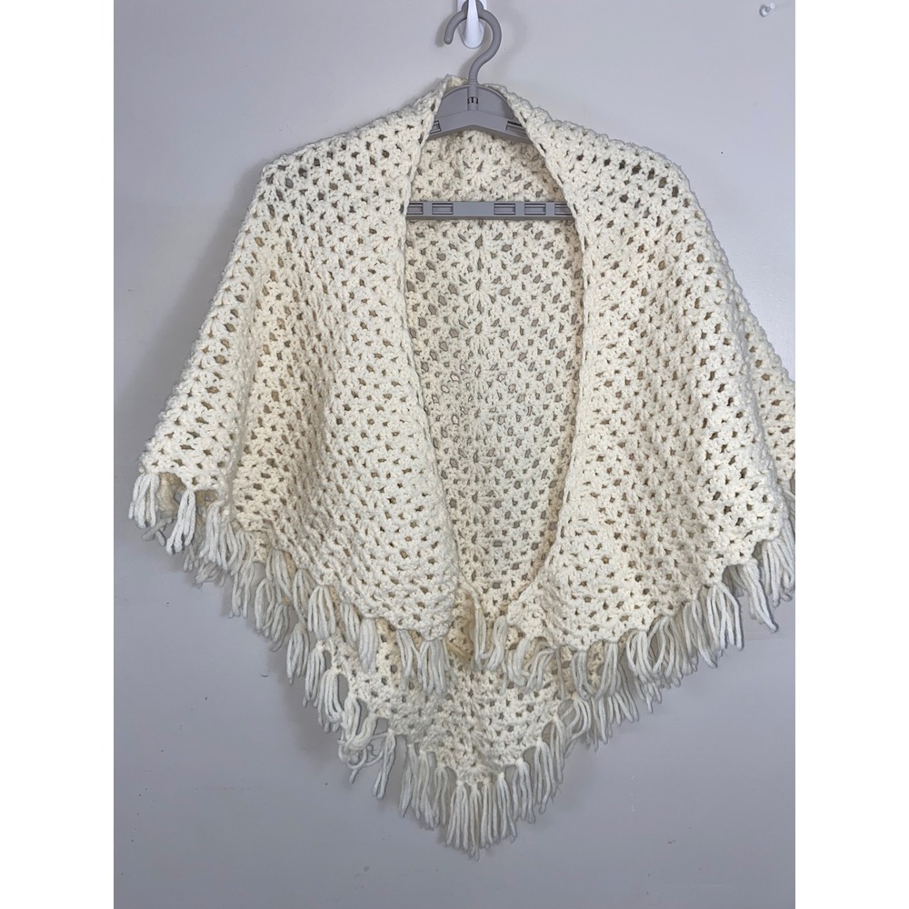 Handmade Crochet Triangle Shawl Women OS Cream Boho Fringe Granny Wrap Cottage